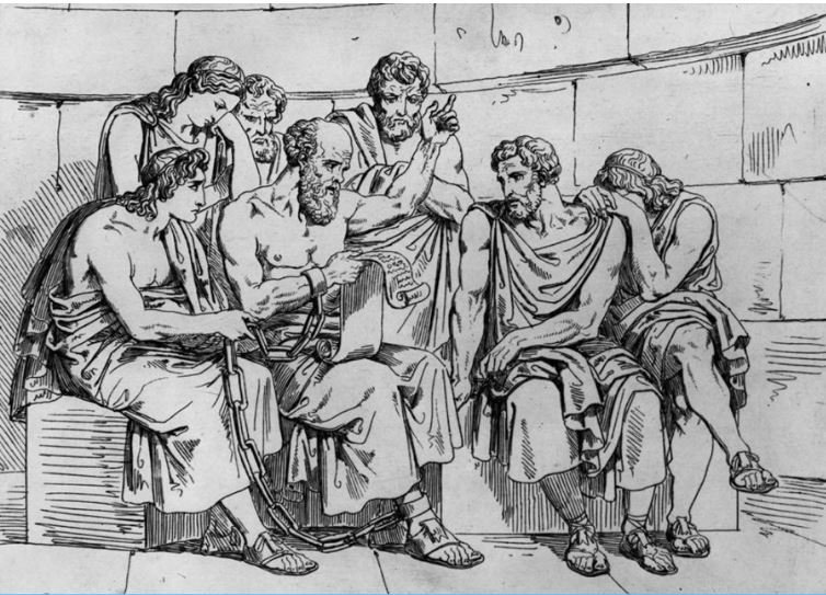 The Greek philosopher Socrates teaches his doctrines to the young Athenians whilst awaiting his execution. 