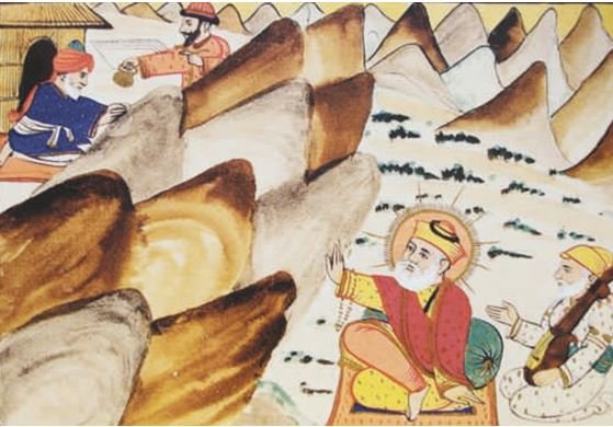 Guru Nanak Dev ji stopping the rock with his hand